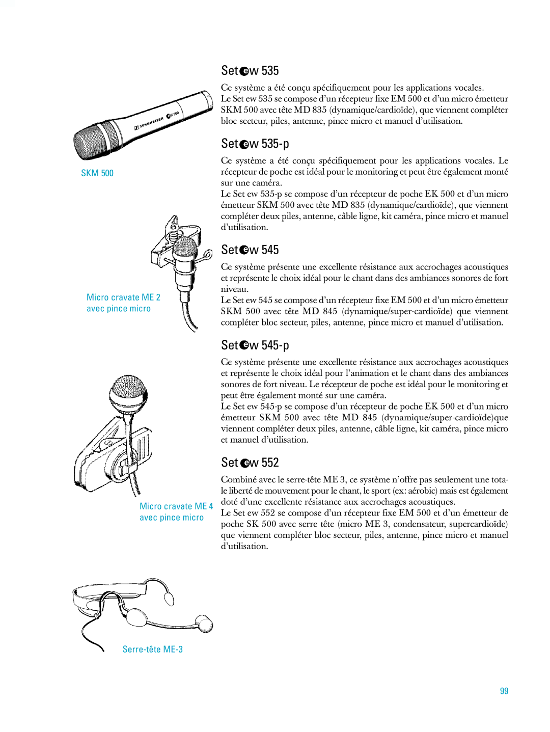 Sennheiser ew500 manual SKM Micro cravate ME 2 avec pince micro, Serre-tête ME-3 