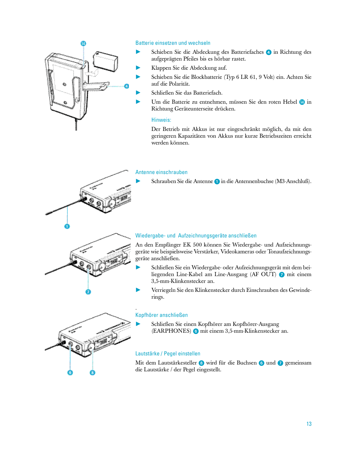 Sennheiser ew500 manual Batterie einsetzen und wechseln, Hinweis, Antenne einschrauben, Lautstärke / Pegel einstellen 