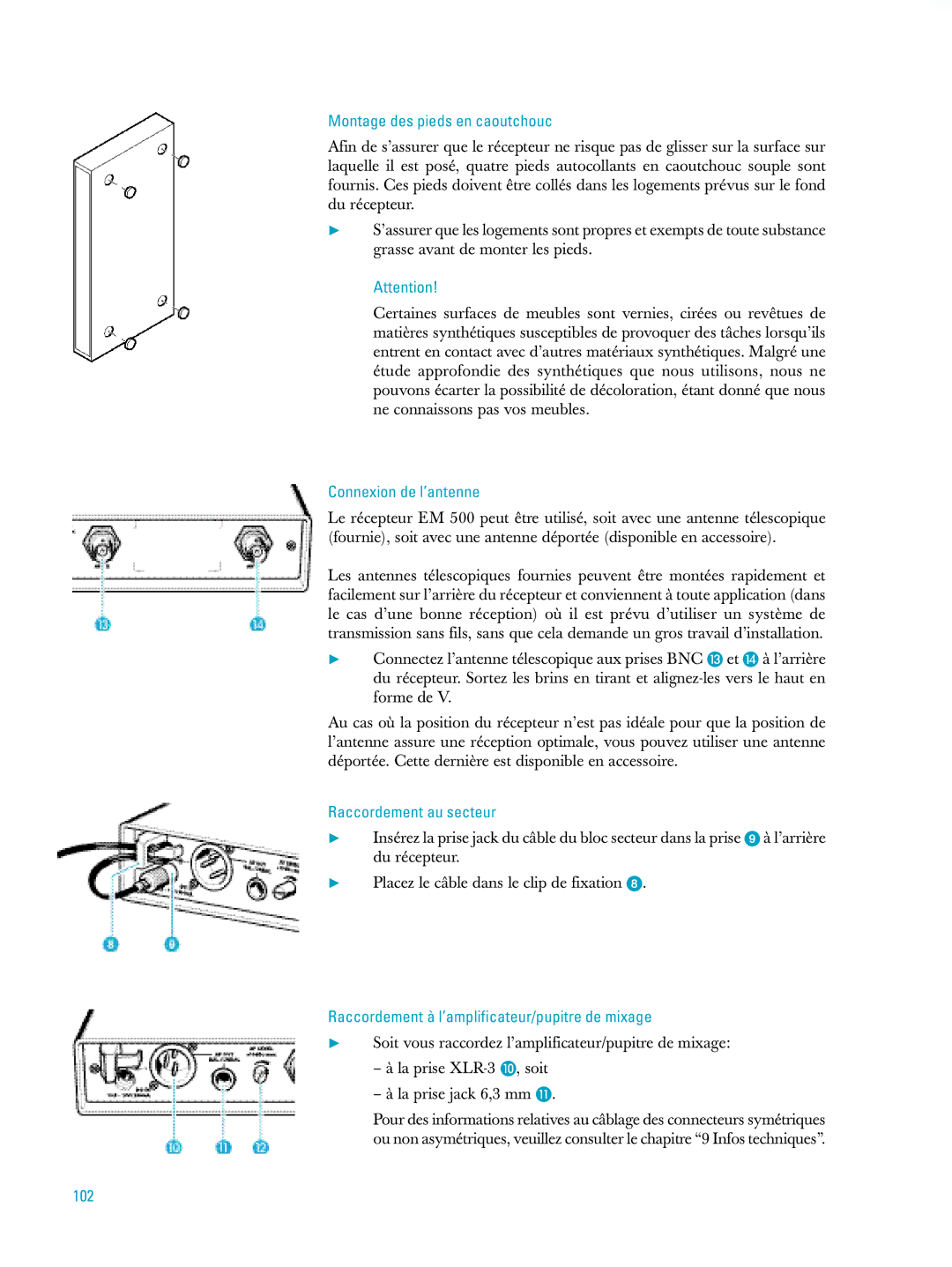 Sennheiser ew500 manual Montage des pieds en caoutchouc, Connexion de l’antenne, Raccordement au secteur, 102 