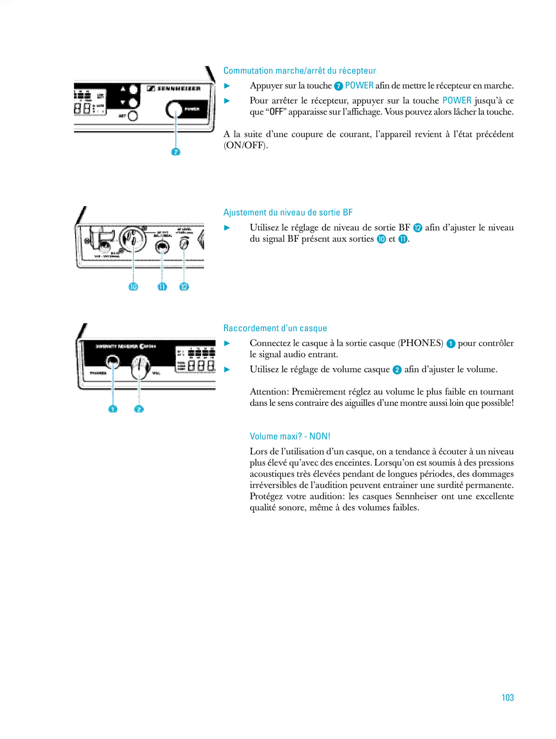 Sennheiser ew500 Commutation marche/arrêt du récepteur, Ajustement du niveau de sortie BF, Raccordement d’un casque, 103 