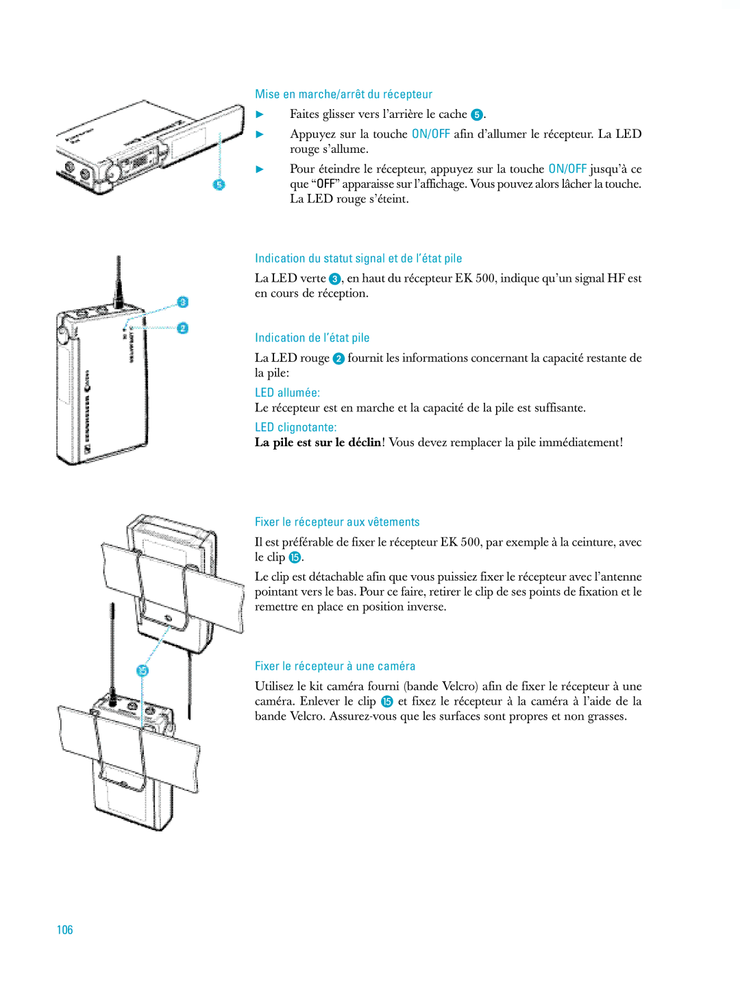 Sennheiser ew500 manual Mise en marche/arrêt du récepteur, Indication du statut signal et de l’état pile, LED allumée, 106 