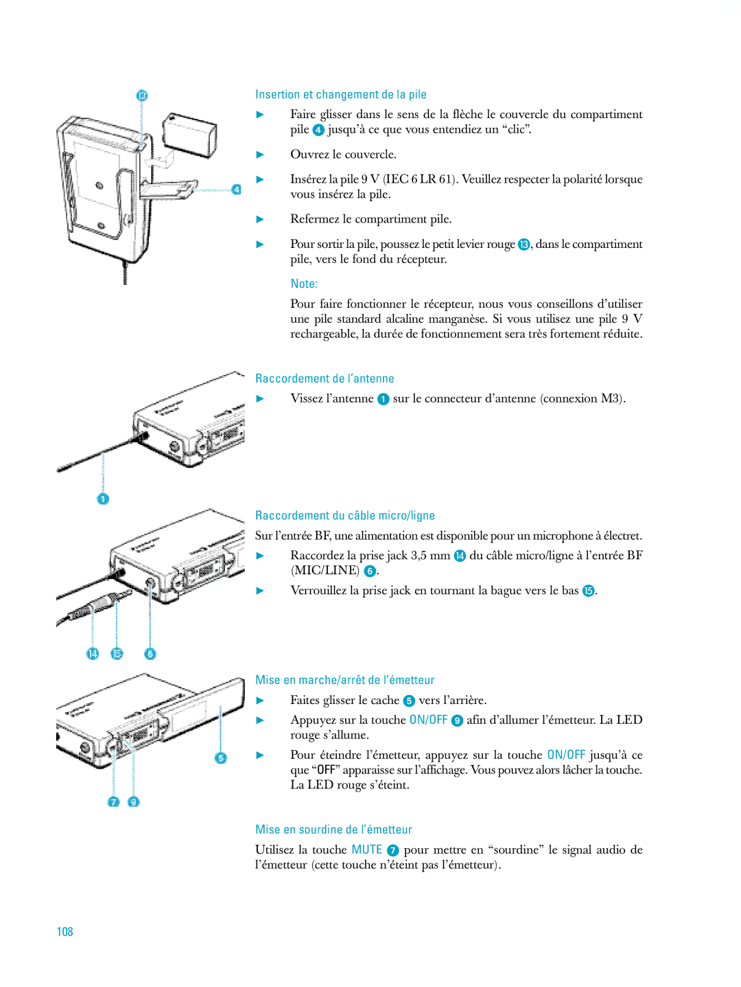 Sennheiser ew500 Raccordement du câble micro/ligne, Mise en marche/arrêt de l’émetteur, Mise en sourdine de l’émetteur 