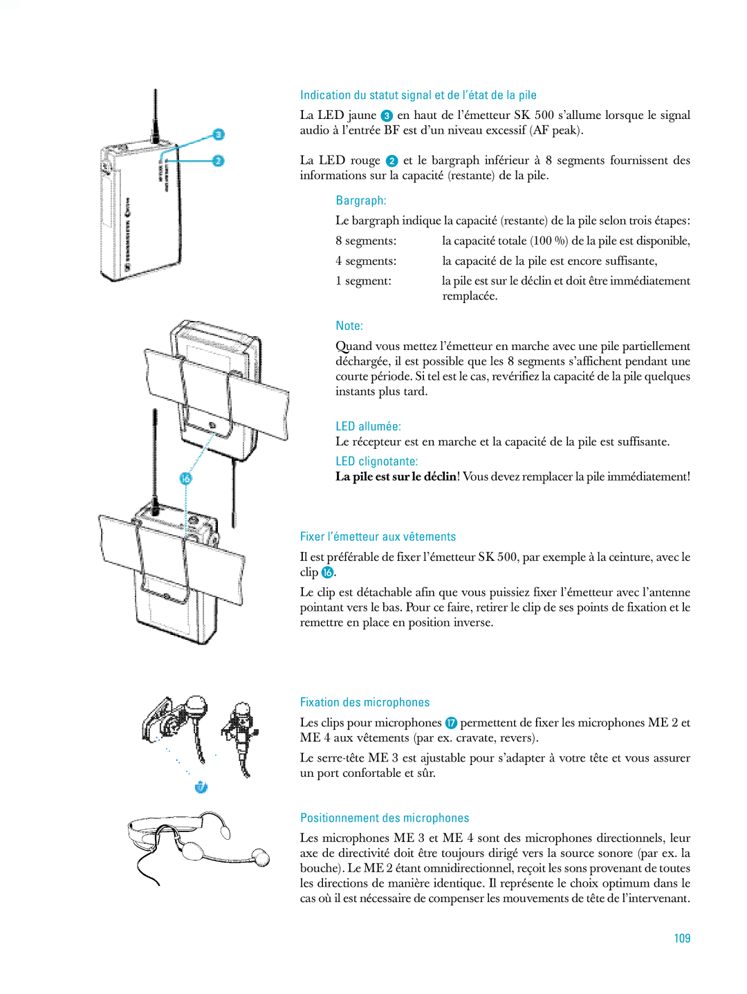 Sennheiser ew500 manual Indication du statut signal et de l’état de la pile, Fixer l’émetteur aux vêtements, 109 