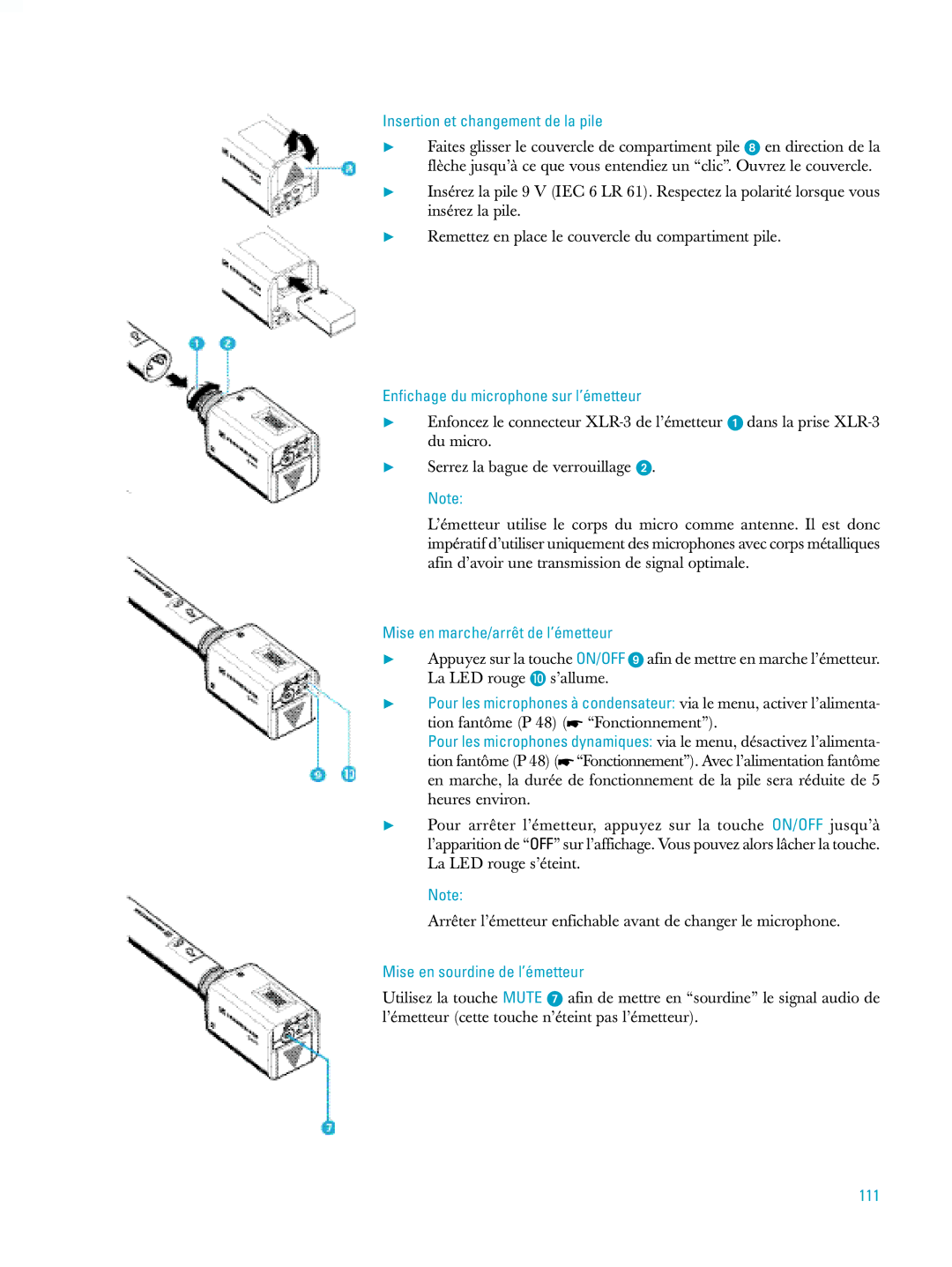 Sennheiser ew500 manual Enfichage du microphone sur l’émetteur, 111 