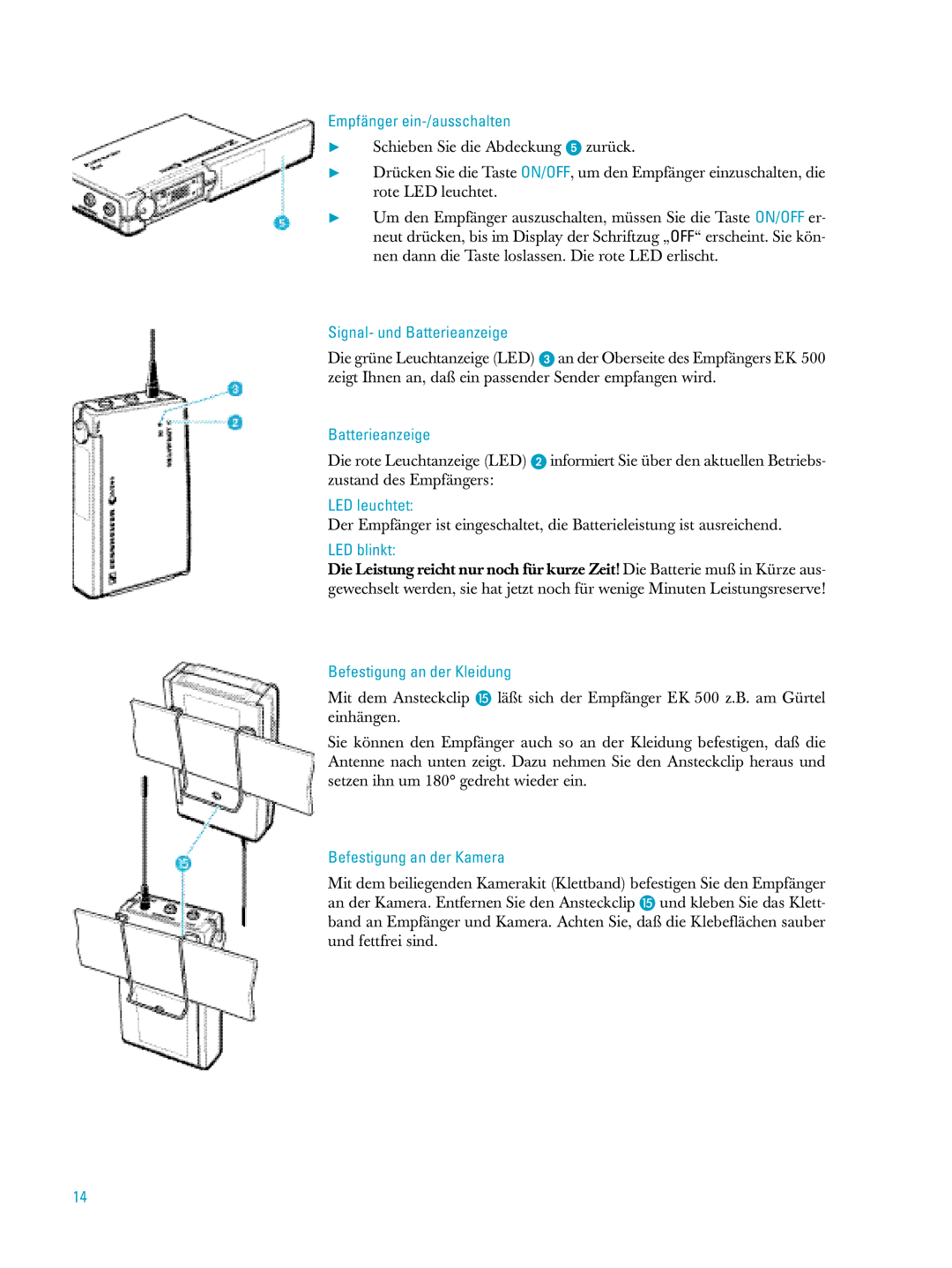 Sennheiser ew500 manual Empfänger ein-/ausschalten, Signal- und Batterieanzeige, LED leuchtet, LED blinkt 