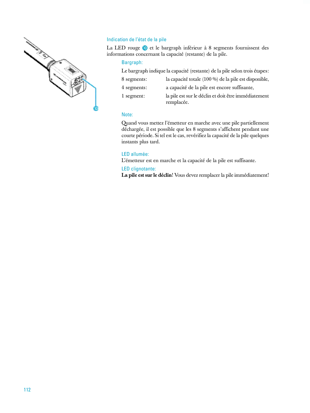 Sennheiser ew500 manual Indication de l’état de la pile, 112 