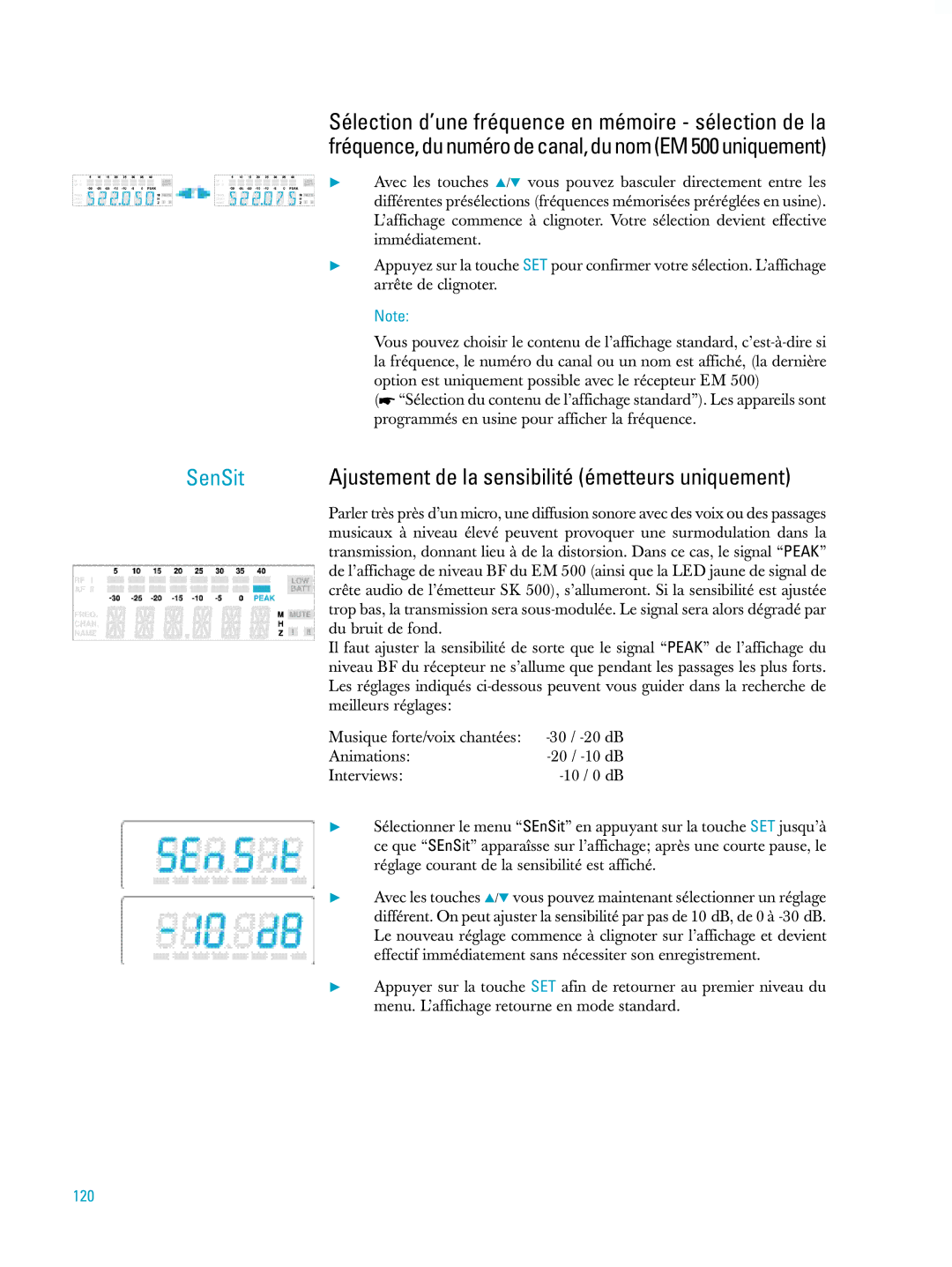 Sennheiser ew500 manual Ajustement de la sensibilité émetteurs uniquement, 120 