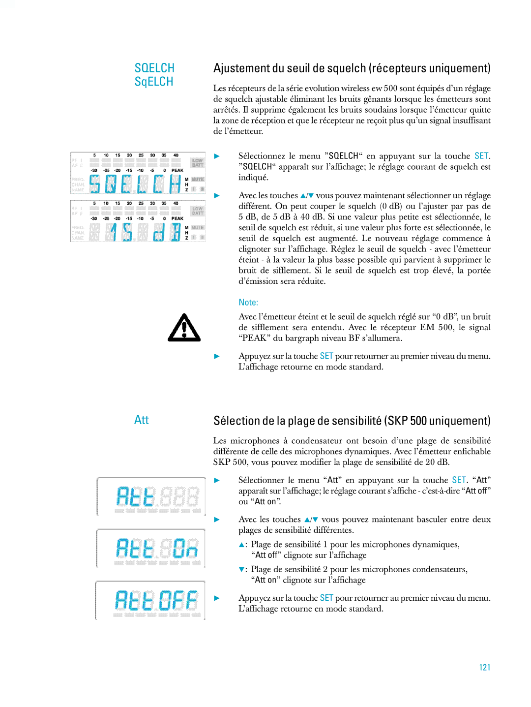 Sennheiser ew500 manual Ajustement du seuil de squelch récepteurs uniquement, 121 