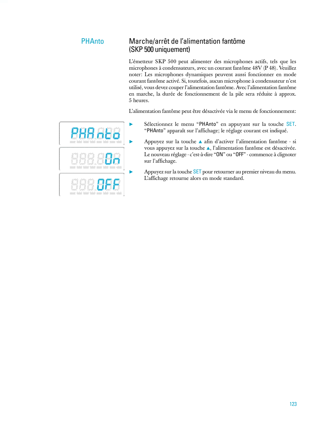 Sennheiser ew500 manual Marche/arrêt de l’alimentation fantôme, SKP 500 uniquement, 123 