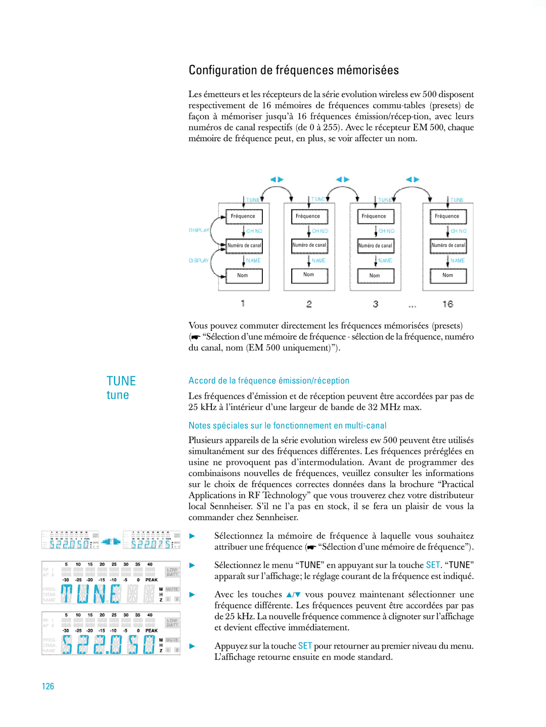 Sennheiser ew500 manual Configuration de fréquences mémorisées, Accord de la fréquence émission/réception, 126 