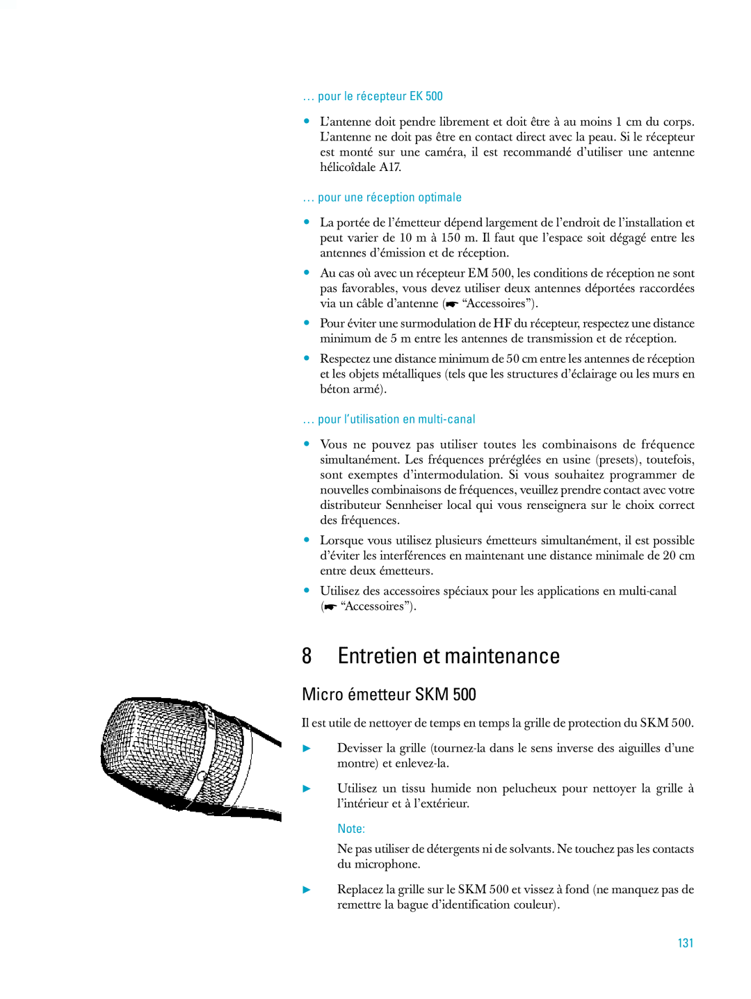 Sennheiser ew500 manual Entretien et maintenance, … pour le récepteur EK, … pour une réception optimale, 131 