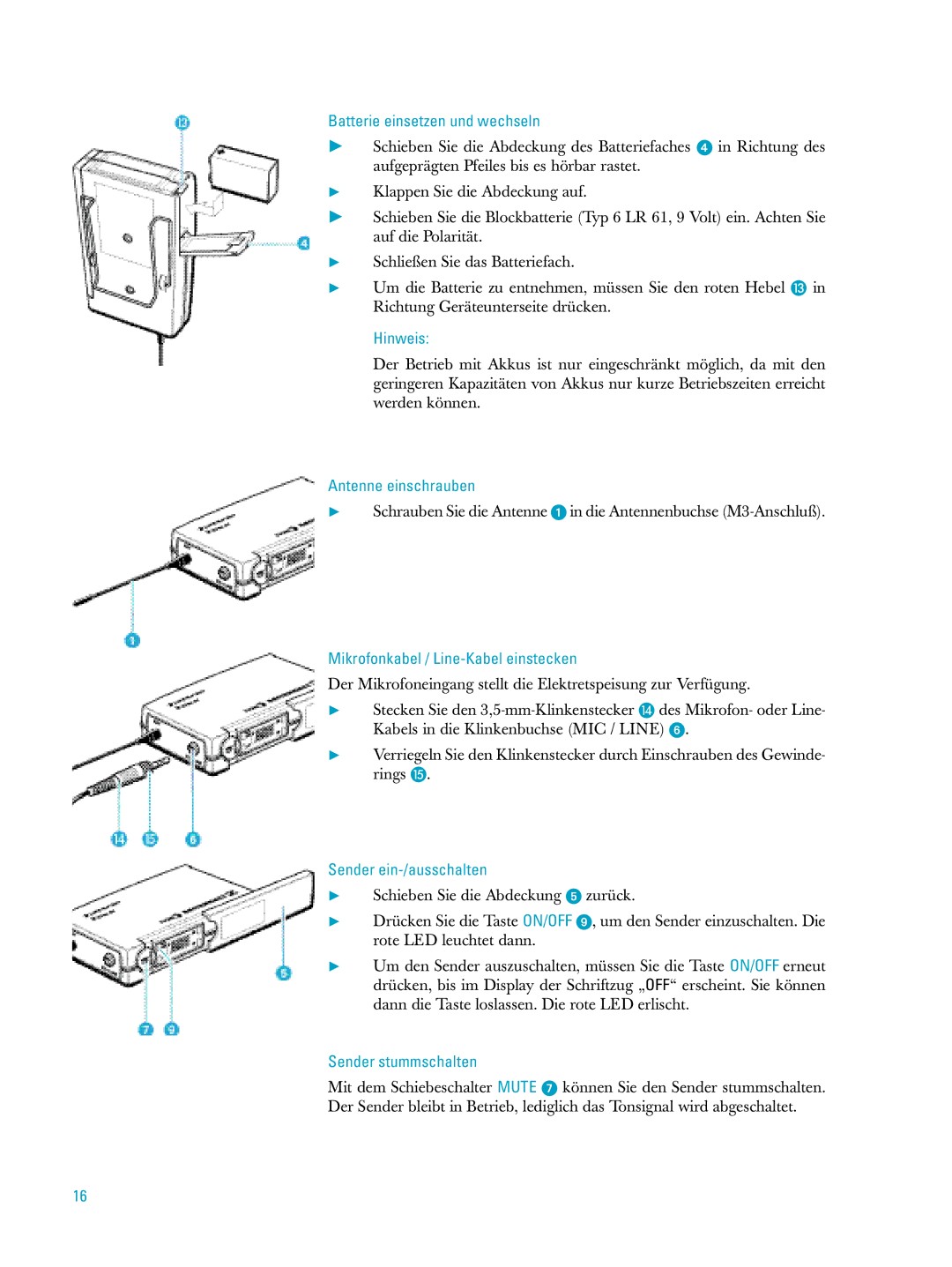 Sennheiser ew500 manual Mikrofonkabel / Line-Kabel einstecken, Sender ein-/ausschalten, Sender stummschalten 