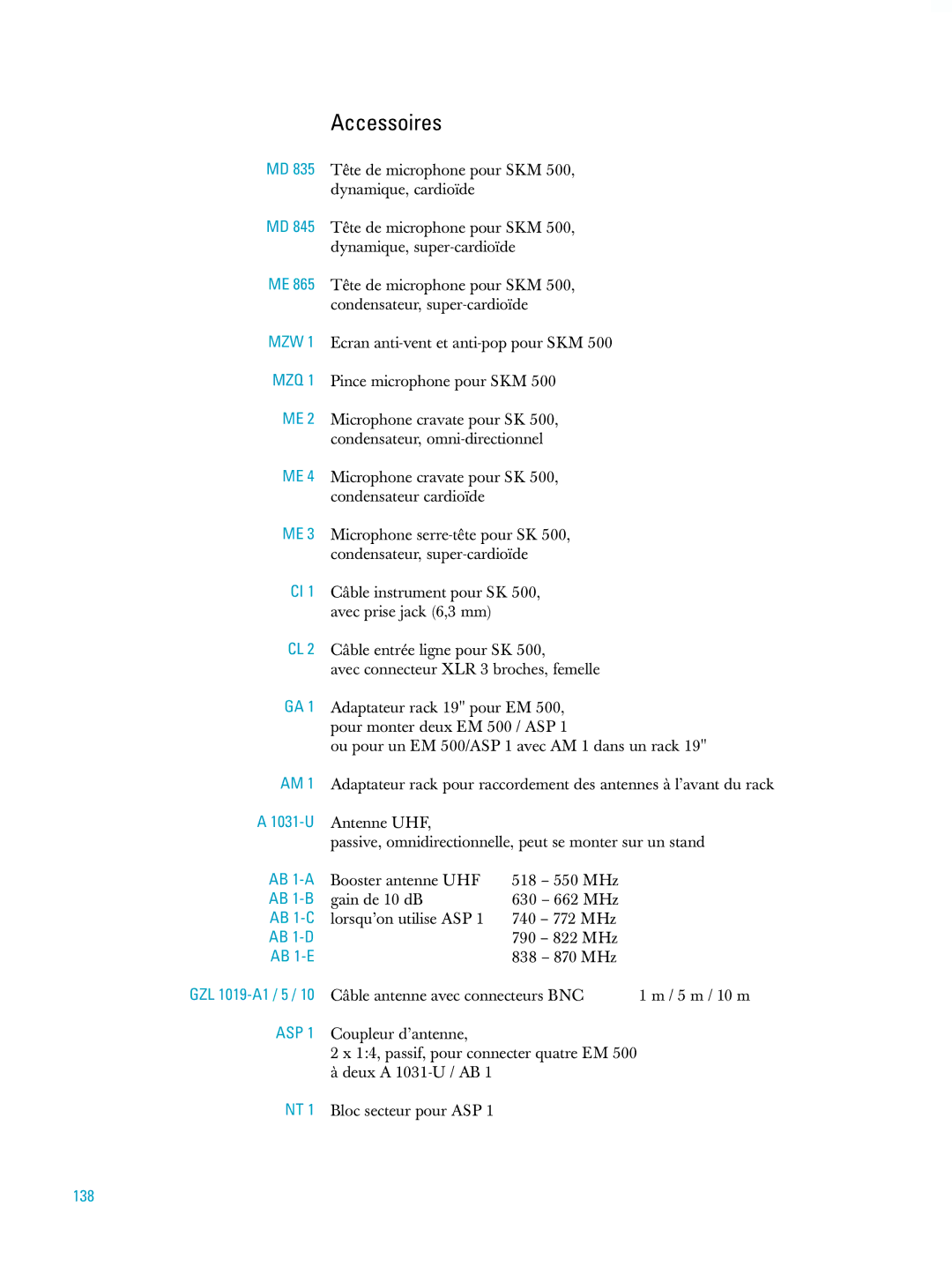 Sennheiser ew500 manual Accessoires, 138 