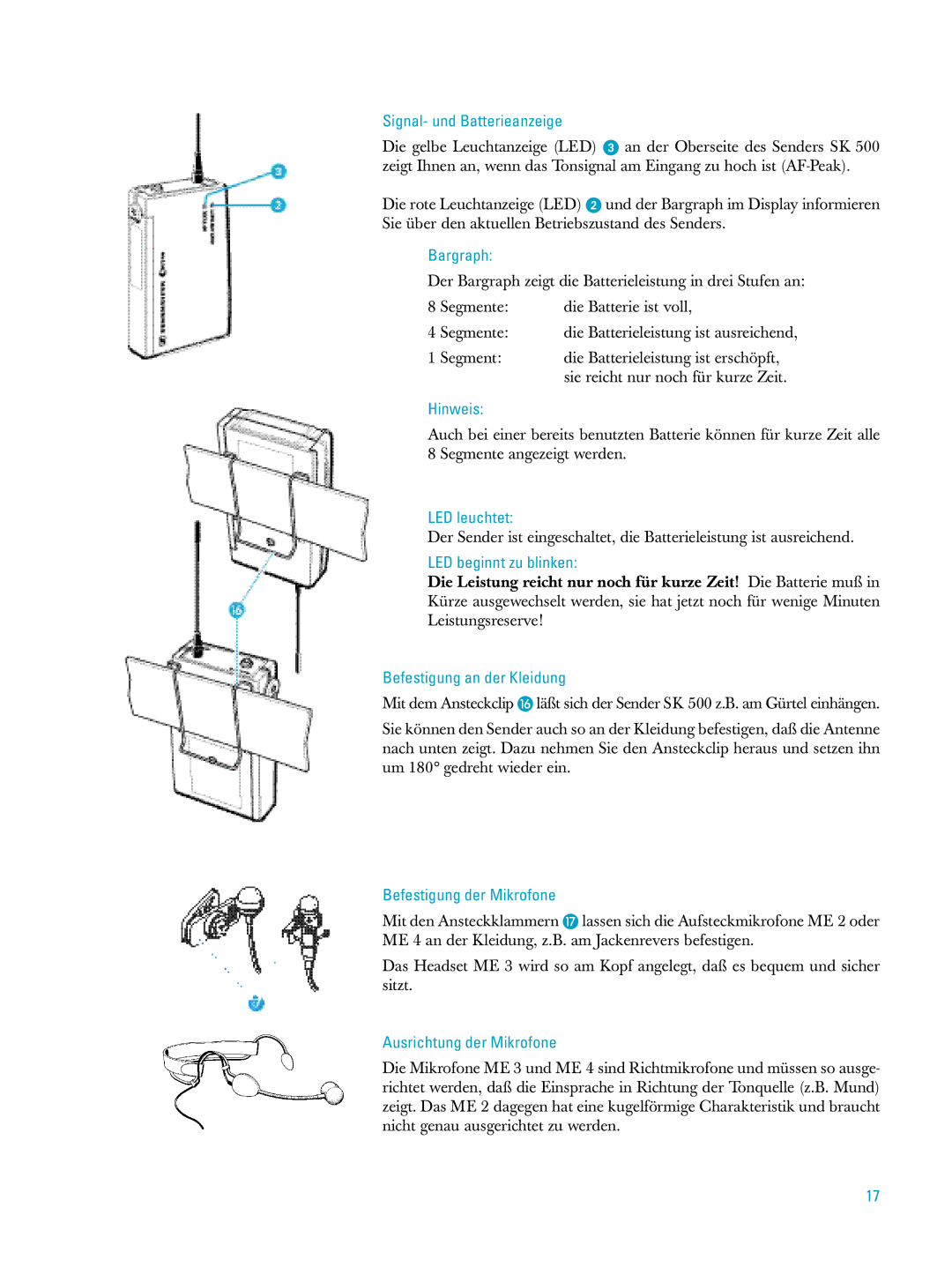 Sennheiser ew500 manual Bargraph, LED beginnt zu blinken, Befestigung der Mikrofone, Ausrichtung der Mikrofone 