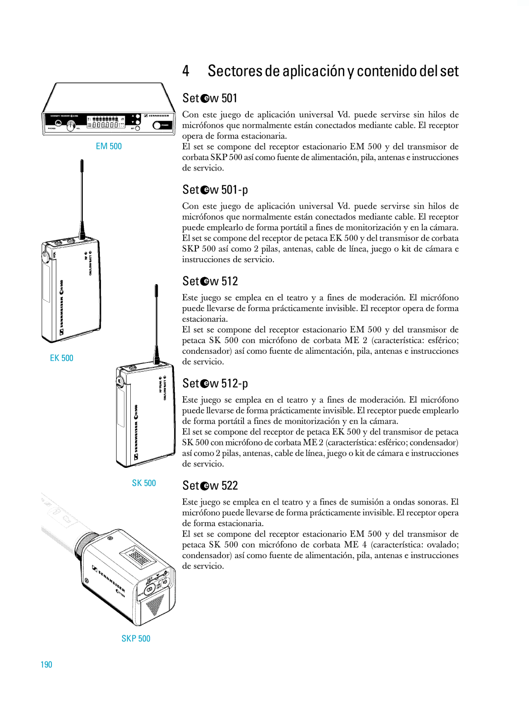 Sennheiser ew500 manual Sectores de aplicación y contenido del set, Set 512-p, SKP 190 