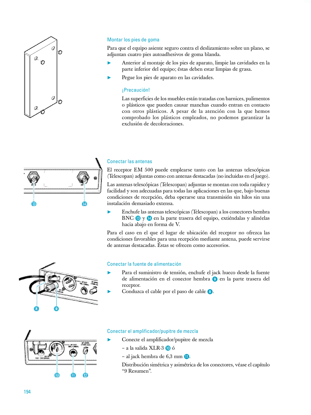 Sennheiser ew500 manual Montar los pies de goma, ¡Precaución, Conectar las antenas, Conectar la fuente de alimentación, 194 