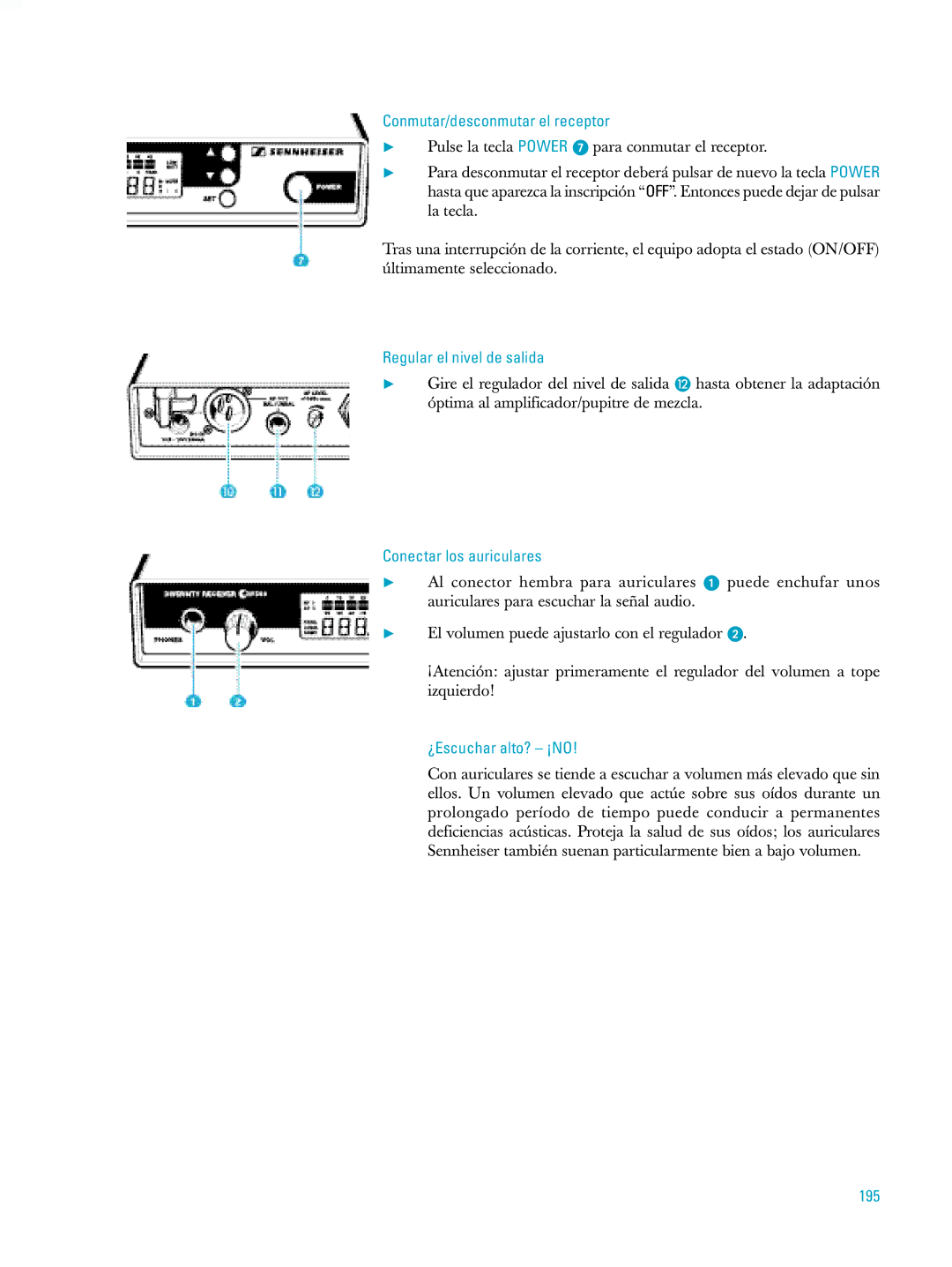 Sennheiser ew500 manual Conmutar/desconmutar el receptor, Regular el nivel de salida, Conectar los auriculares, 195 