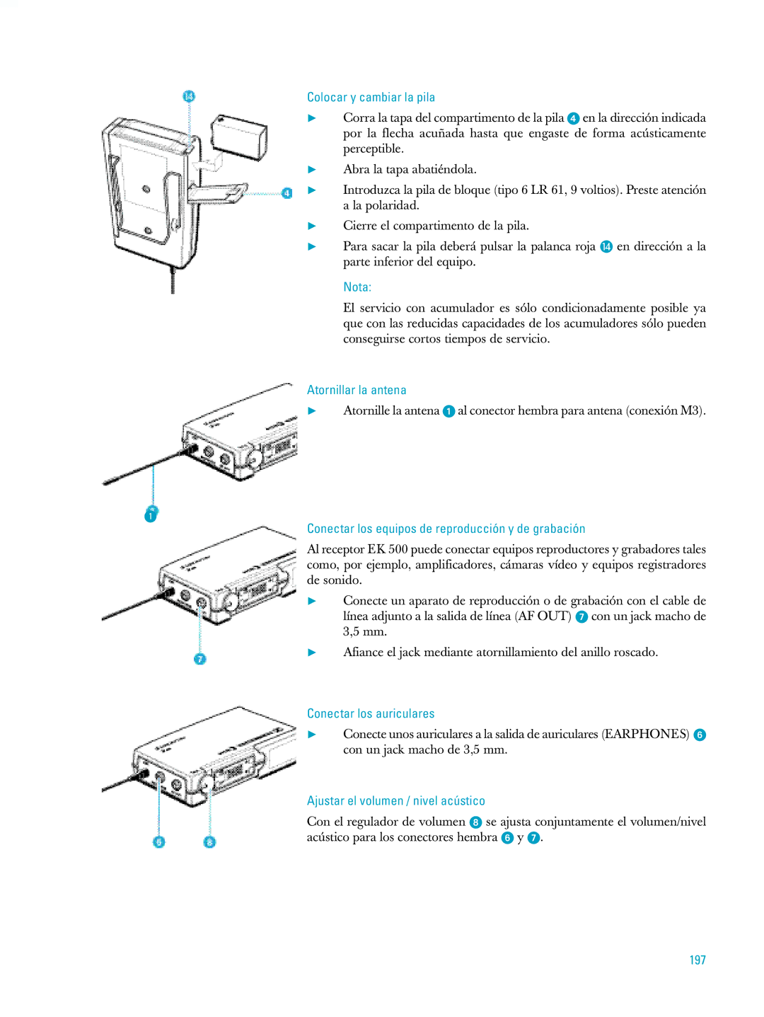 Sennheiser ew500 manual Colocar y cambiar la pila, Nota, Atornillar la antena, 197 