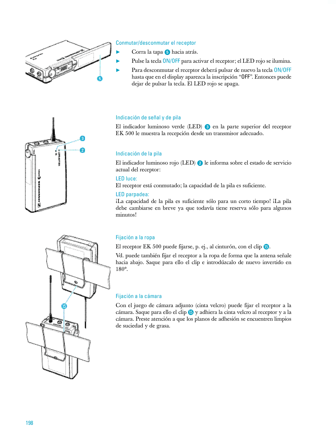 Sennheiser ew500 Indicación de señal y de pila, Indicación de la pila, LED luce, LED parpadea, Fijación a la ropa, 198 