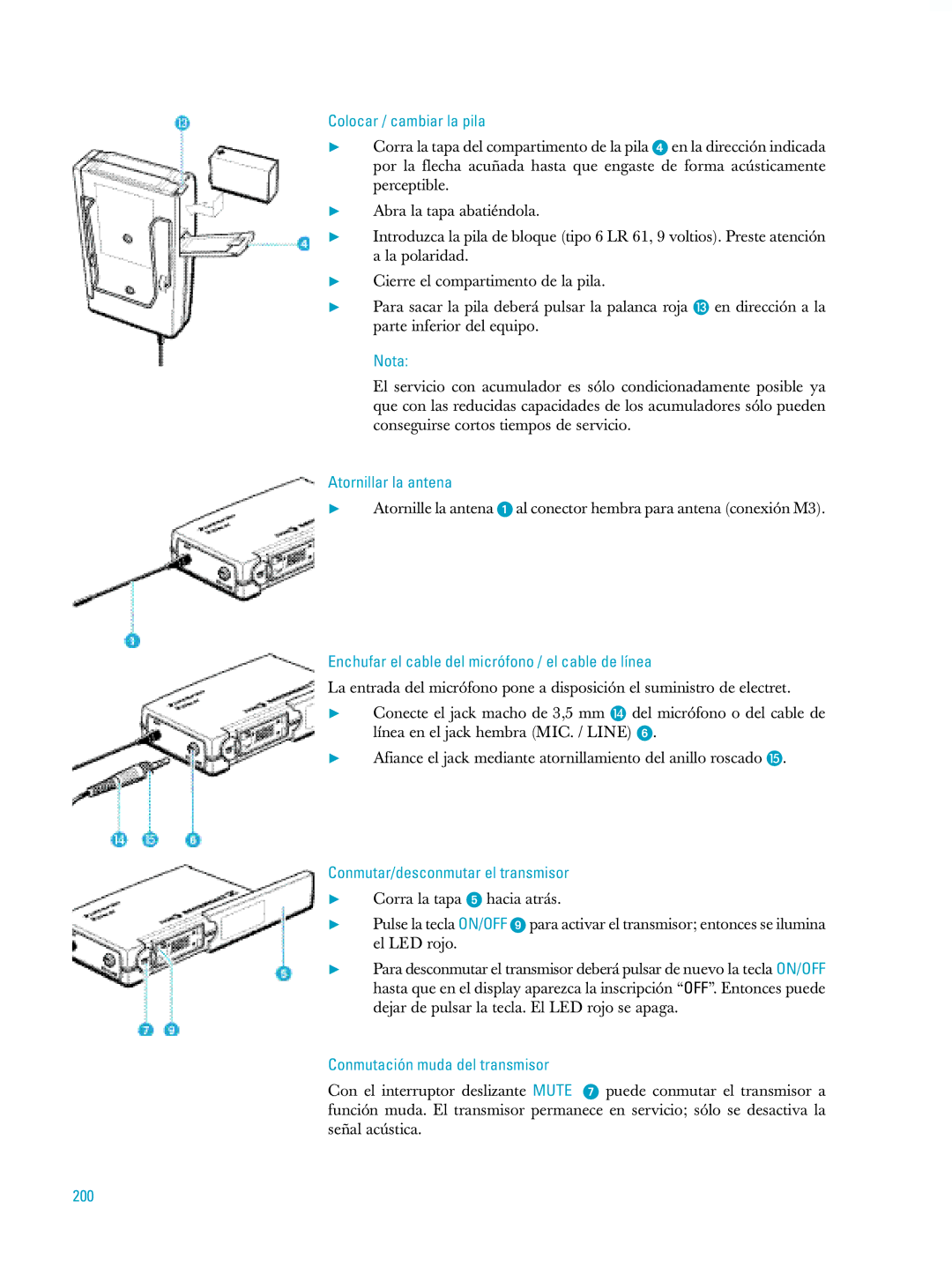 Sennheiser ew500 manual Colocar / cambiar la pila, Enchufar el cable del micrófono / el cable de línea, 200 