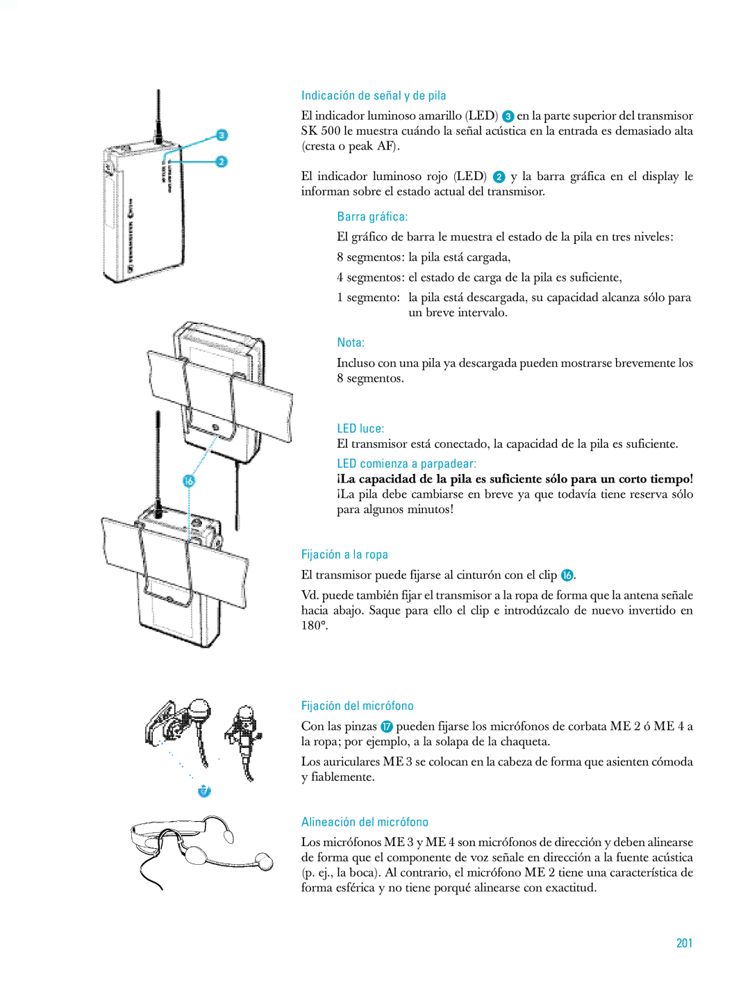 Sennheiser ew500 manual Barra gráfica, LED comienza a parpadear, Fijación del micrófono, Alineación del micrófono, 201 