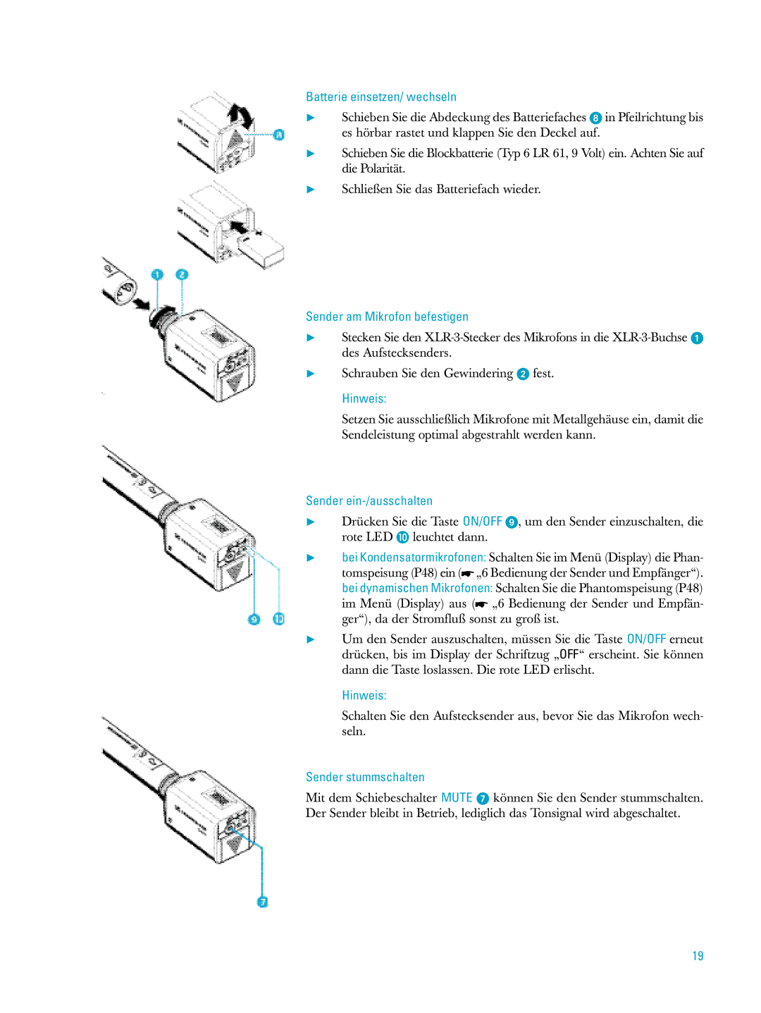 Sennheiser ew500 manual Batterie einsetzen/ wechseln, Sender am Mikrofon befestigen 