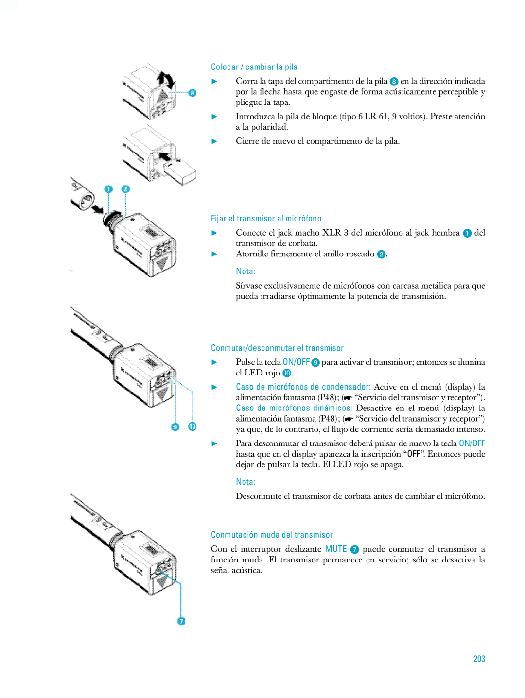 Sennheiser ew500 manual Fijar el transmisor al micrófono, 203 