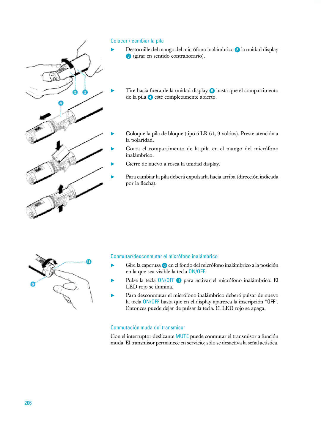 Sennheiser ew500 manual Conmutar/desconmutar el micrófono inalámbrico, 206 