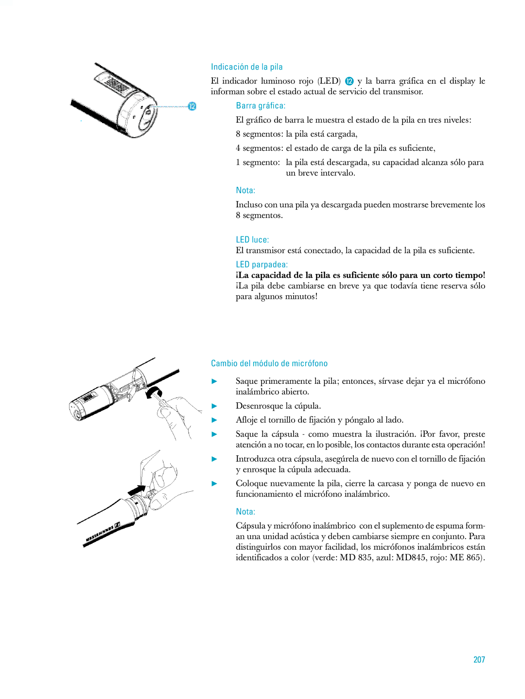 Sennheiser ew500 manual Cambio del módulo de micrófono, 207 