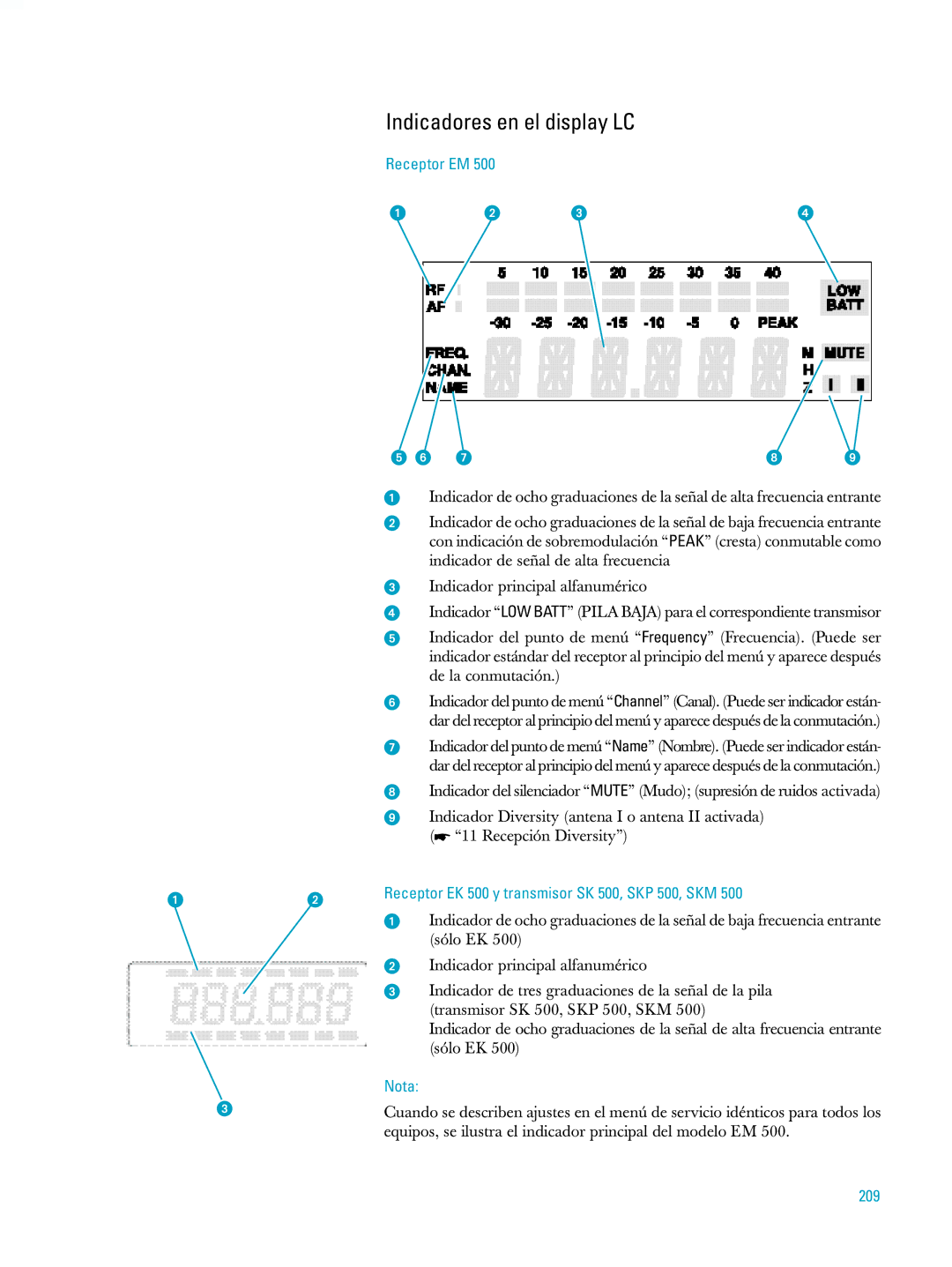 Sennheiser ew500 manual Indicadores en el display LC, Receptor EM, Receptor EK 500 y transmisor SK 500, SKP 500, SKM, 209 