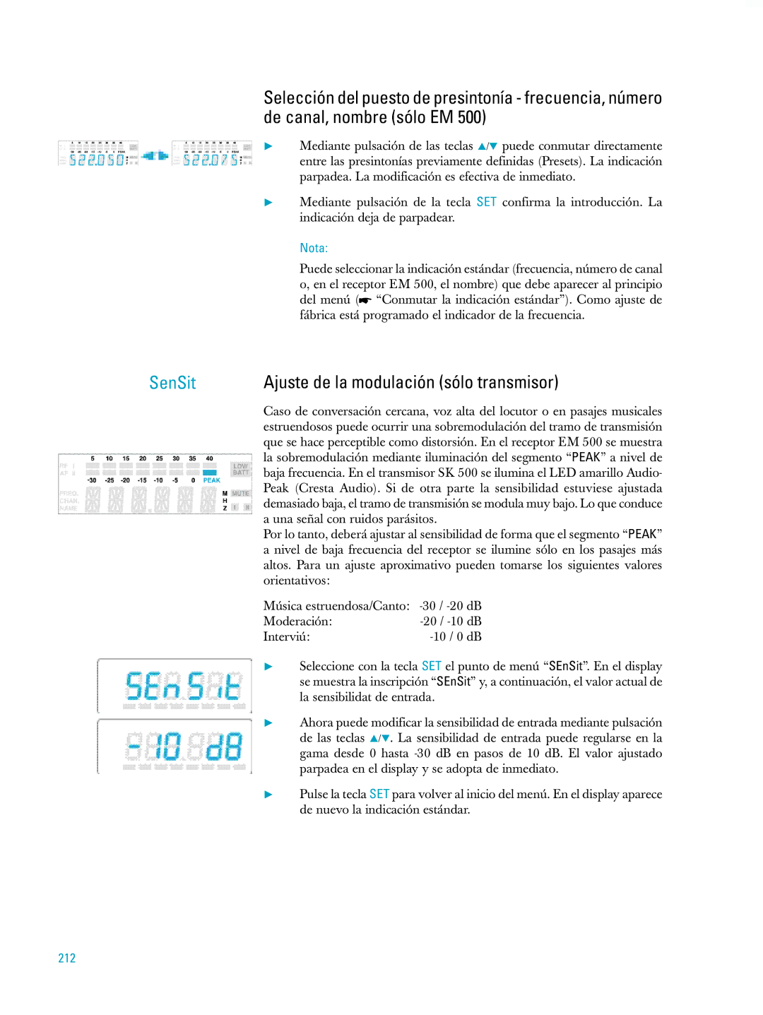 Sennheiser ew500 manual Ajuste de la modulación sólo transmisor, 212 