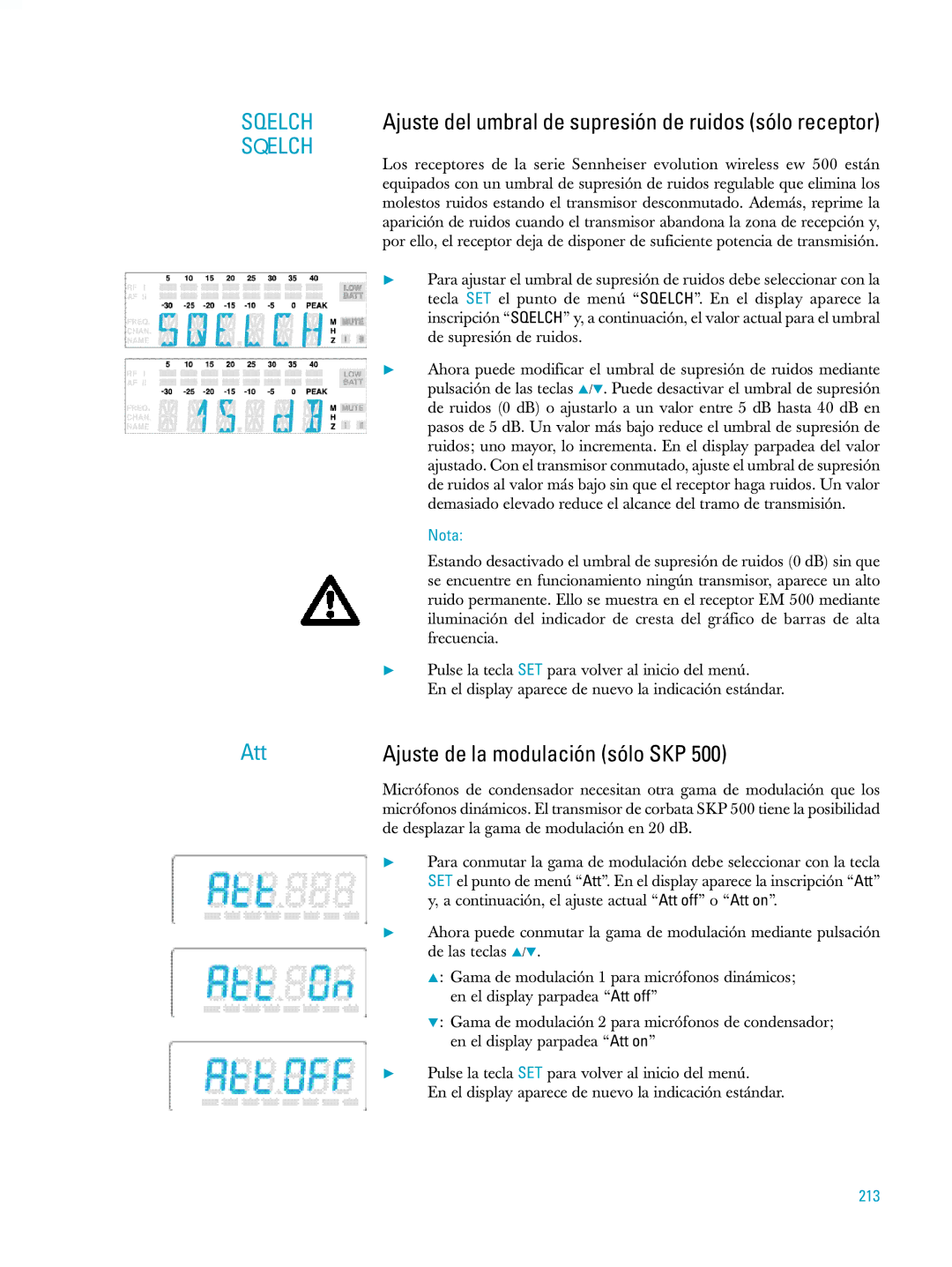 Sennheiser ew500 manual Ajuste de la modulación sólo SKP, 213 