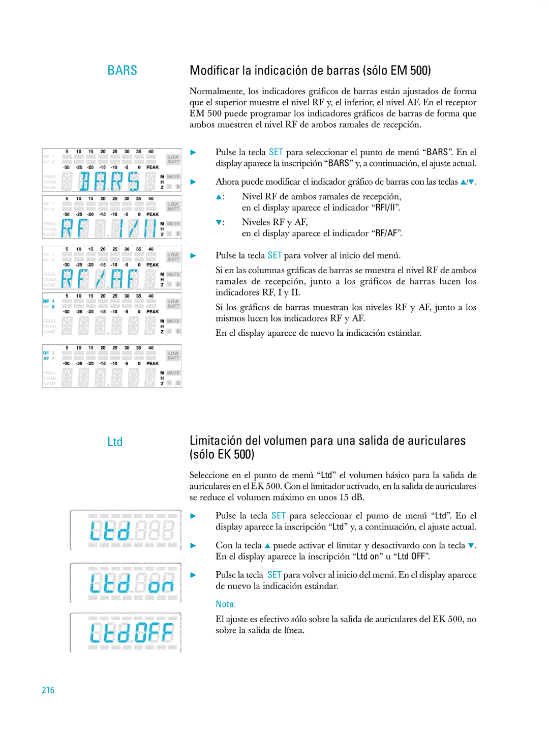 Sennheiser ew500 manual Modificar la indicación de barras sólo EM, Sólo EK, 216 