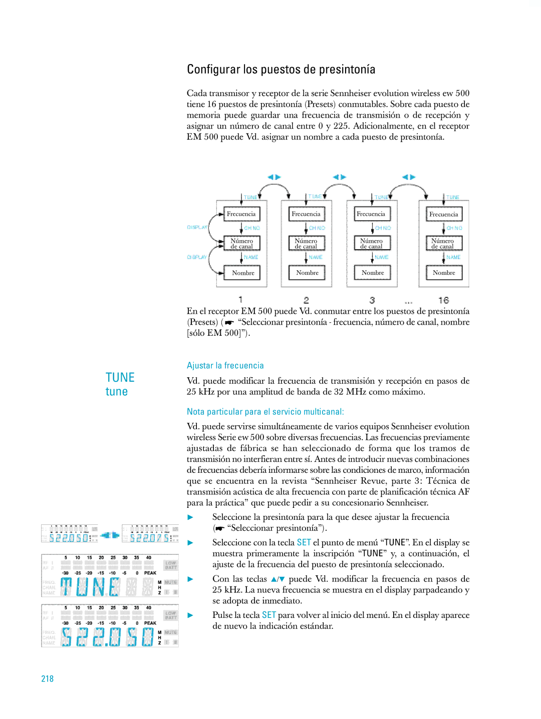 Sennheiser ew500 Configurar los puestos de presintonía, Ajustar la frecuencia, Nota particular para el servicio multicanal 