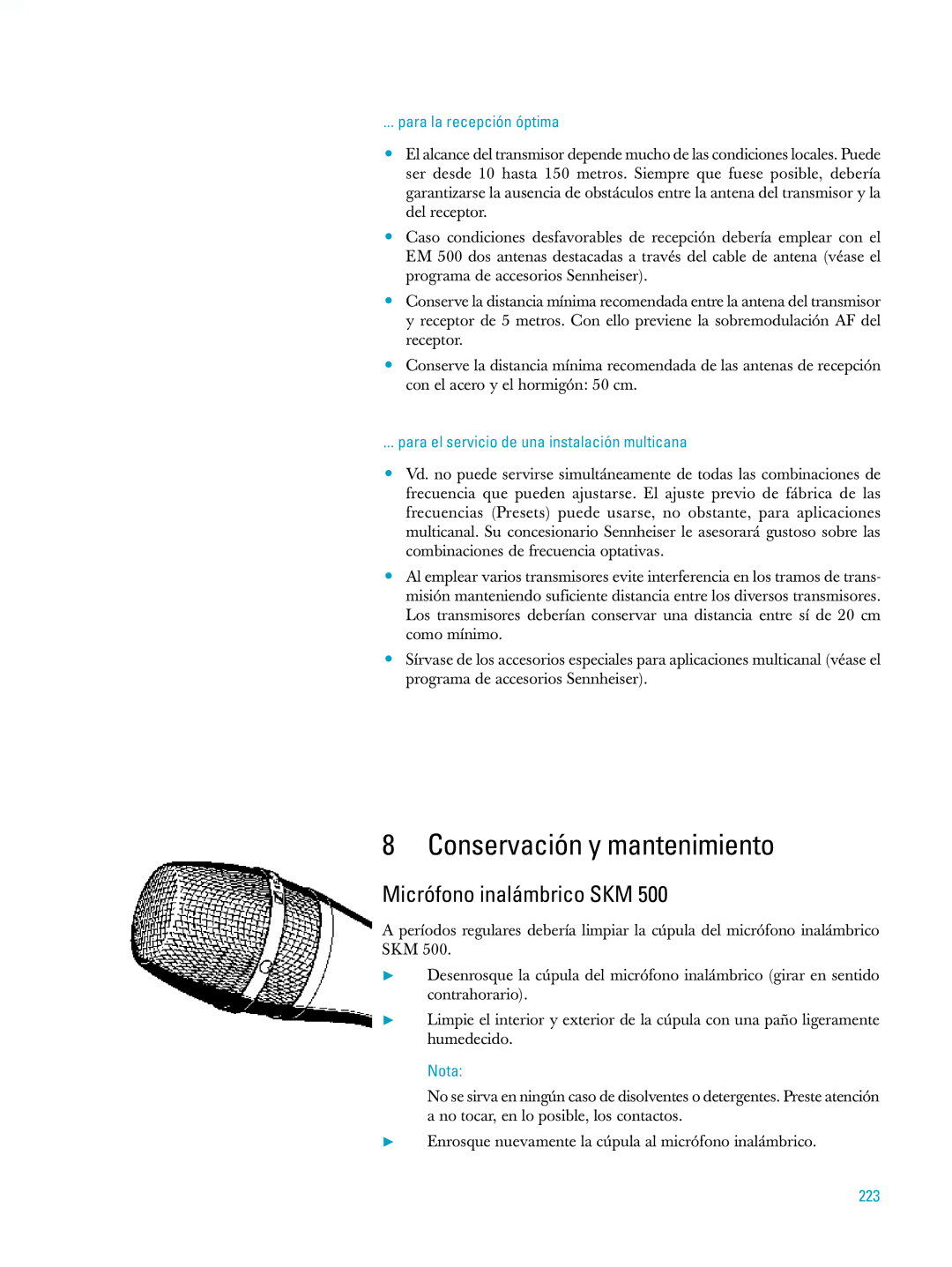 Sennheiser ew500 manual Conservación y mantenimiento, Micrófono inalámbrico SKM, Para la recepción óptima, 223 