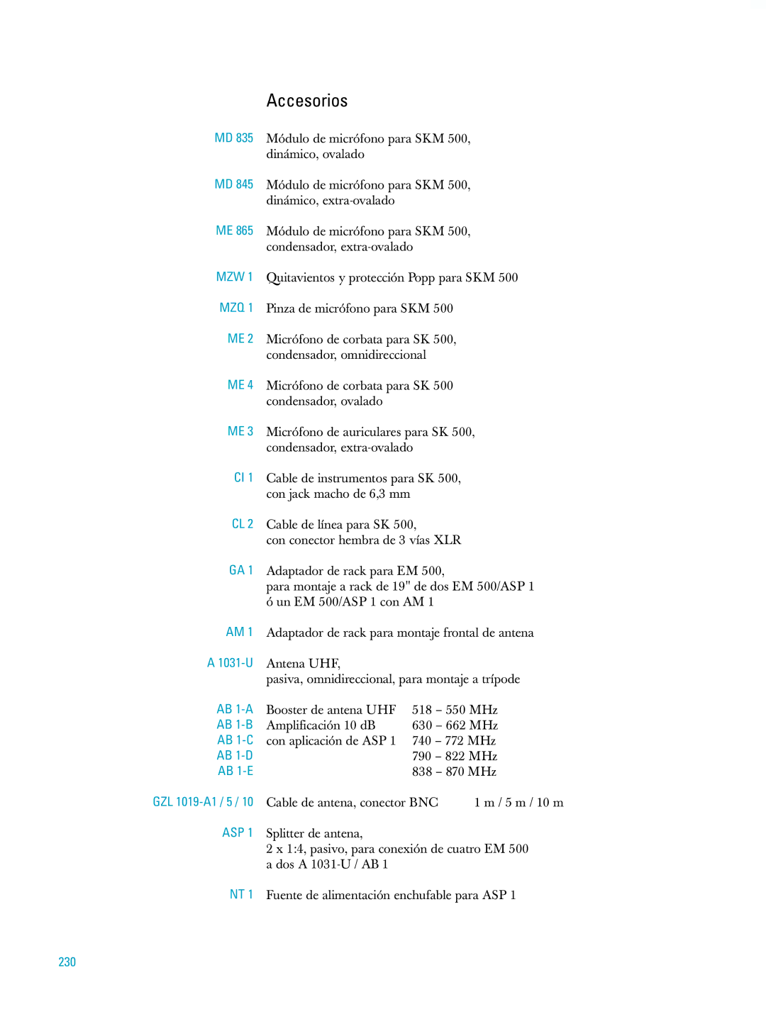 Sennheiser ew500 manual Accesorios, 230 