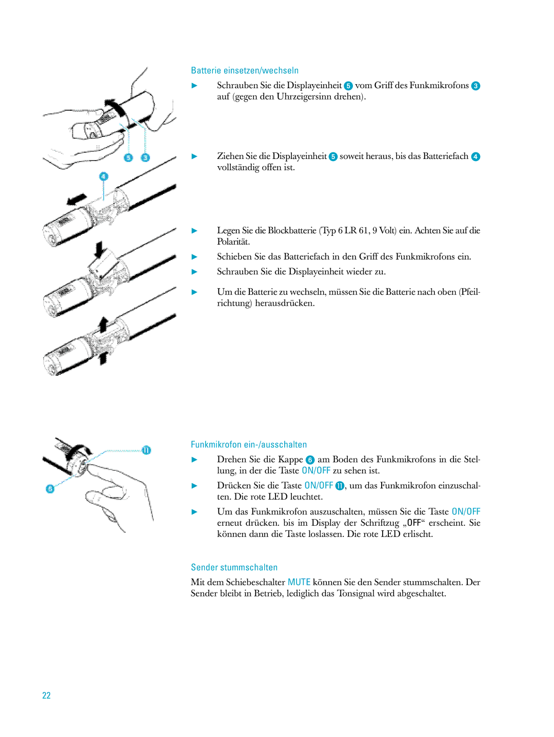 Sennheiser ew500 manual Batterie einsetzen/wechseln, Funkmikrofon ein-/ausschalten 