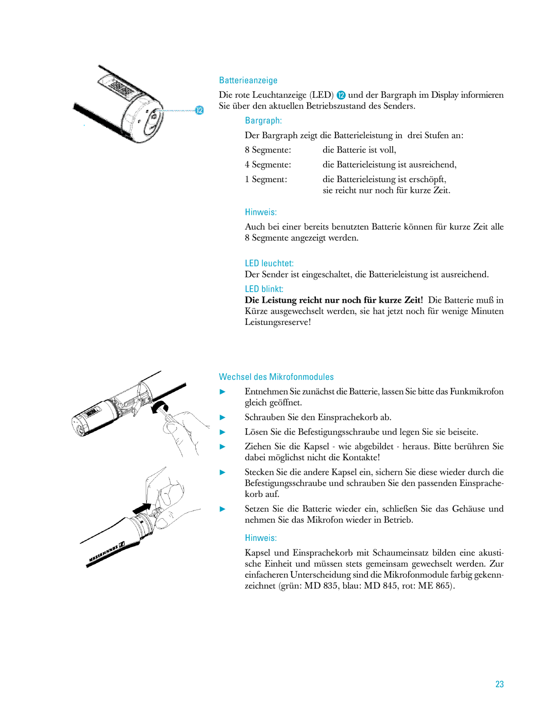 Sennheiser ew500 manual Batterieanzeige, Wechsel des Mikrofonmodules 