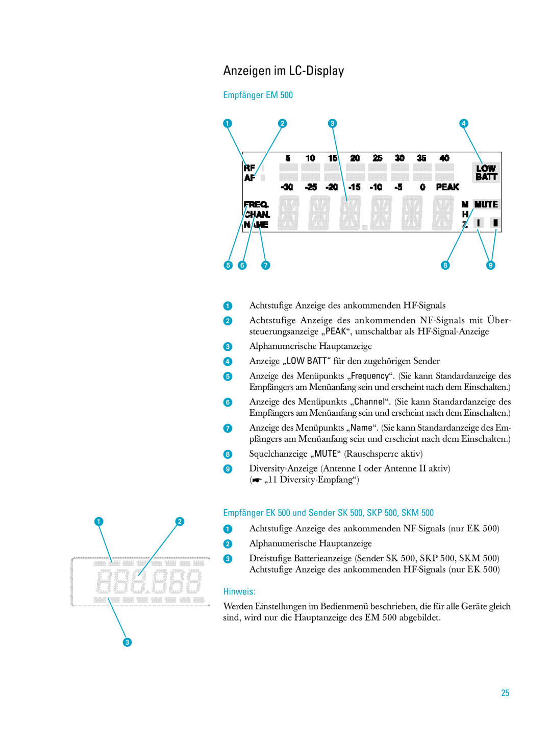 Sennheiser ew500 manual Anzeigen im LC-Display, Empfänger EM, Empfänger EK 500 und Sender SK 500, SKP 500, SKM 