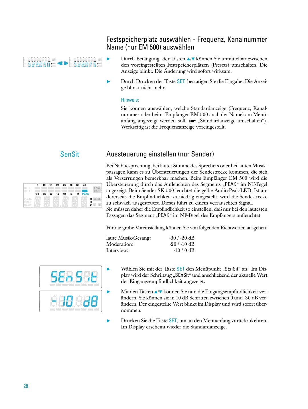 Sennheiser ew500 manual SenSit, Aussteuerung einstellen nur Sender 