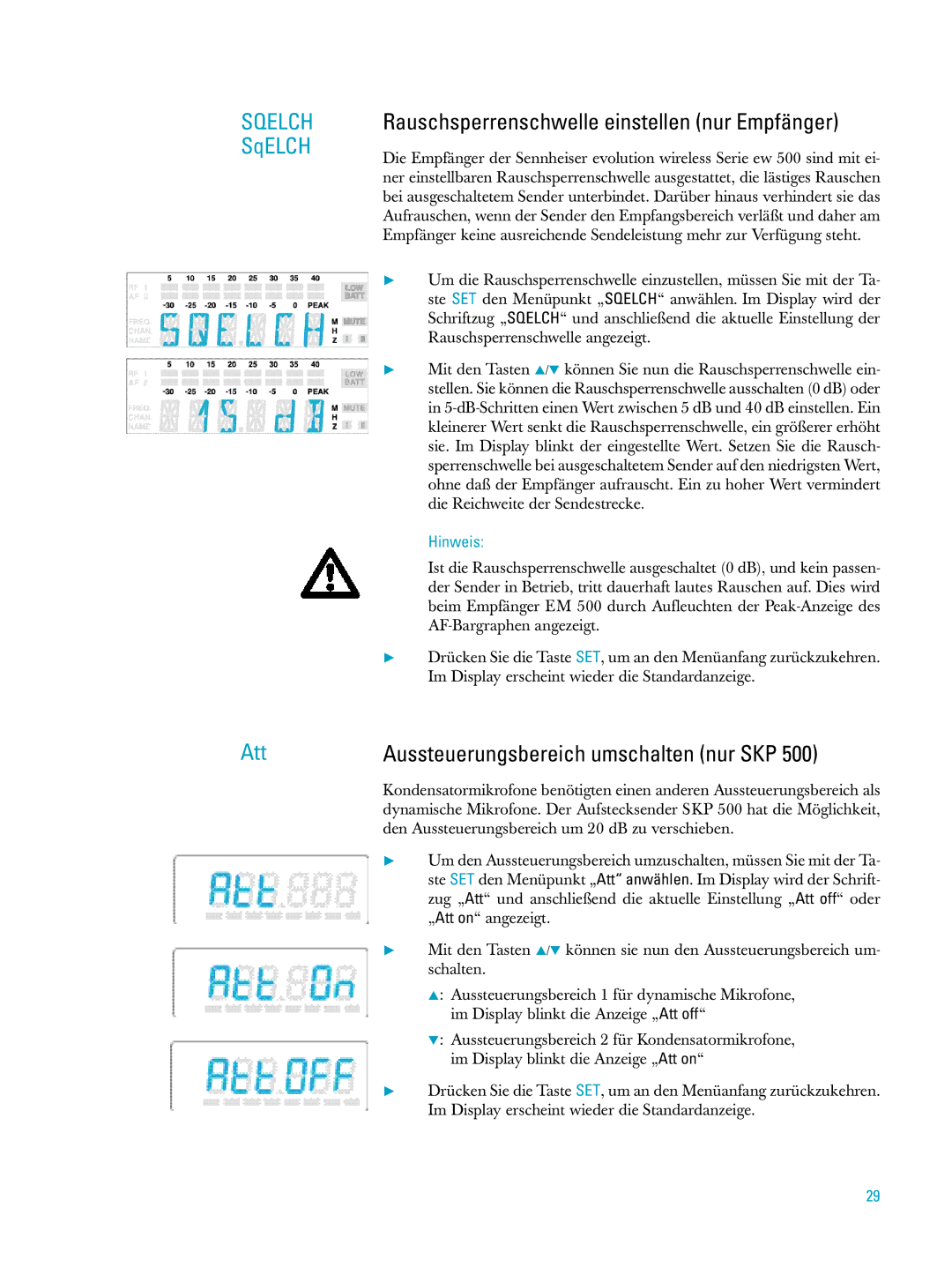 Sennheiser ew500 manual Rauschsperrenschwelle einstellen nur Empfänger, Att 