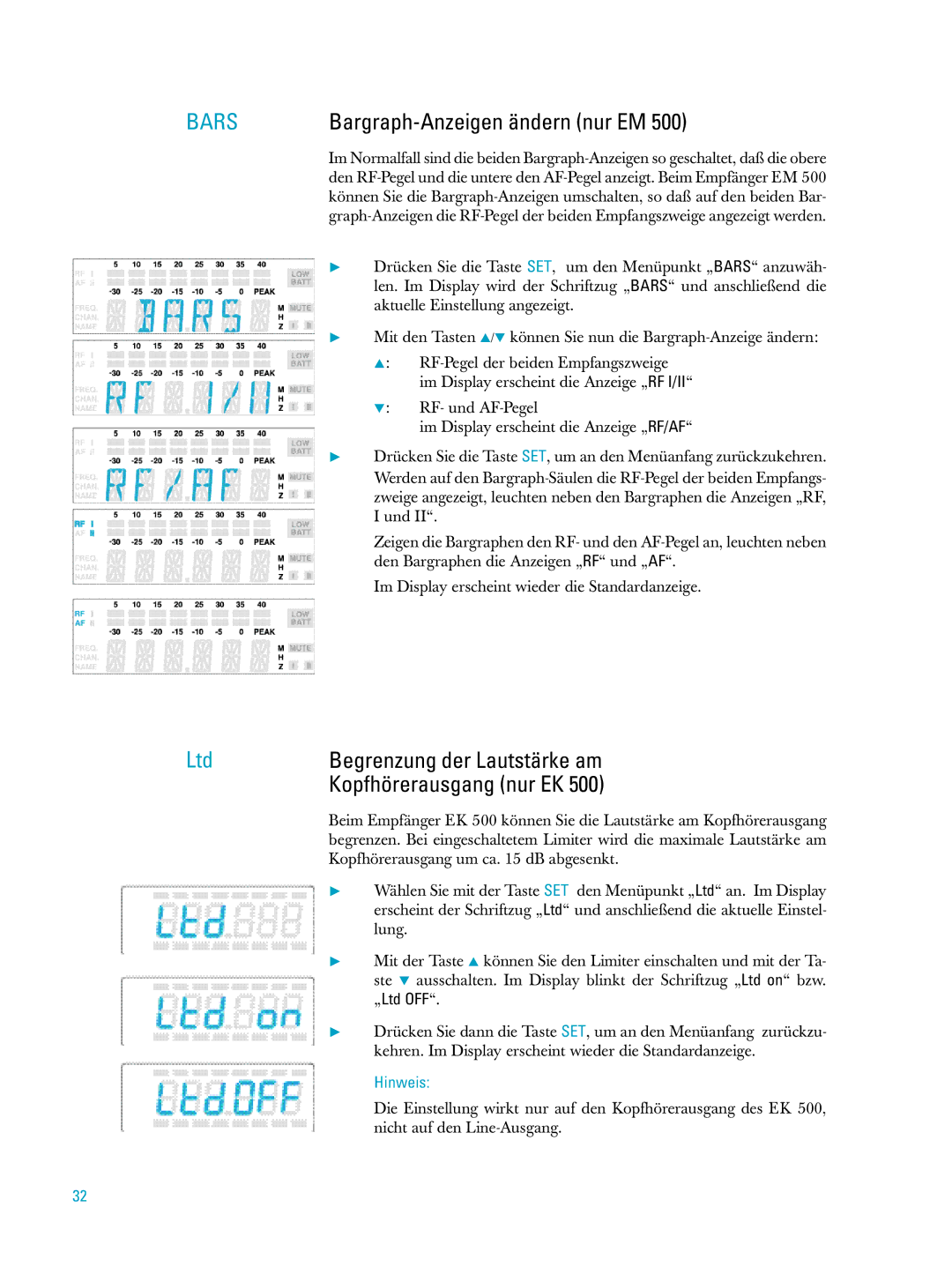 Sennheiser ew500 manual Bargraph-Anzeigen ändern nur EM, Begrenzung der Lautstärke am, Kopfhörerausgang nur EK 