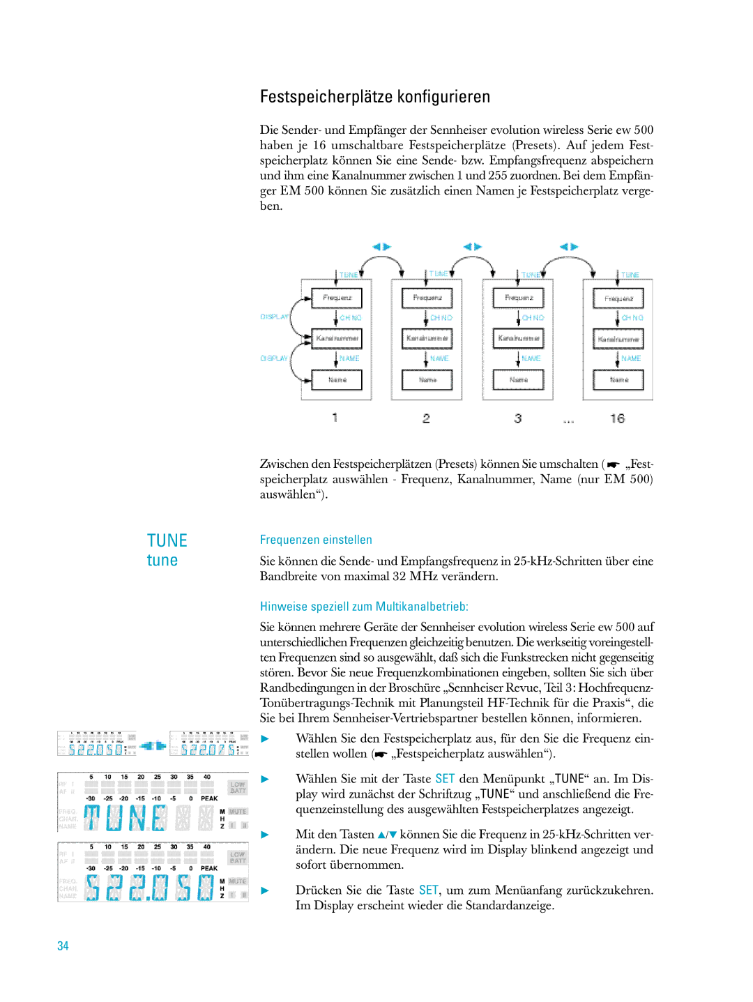 Sennheiser ew500 manual Festspeicherplätze konfigurieren, Frequenzen einstellen, Hinweise speziell zum Multikanalbetrieb 