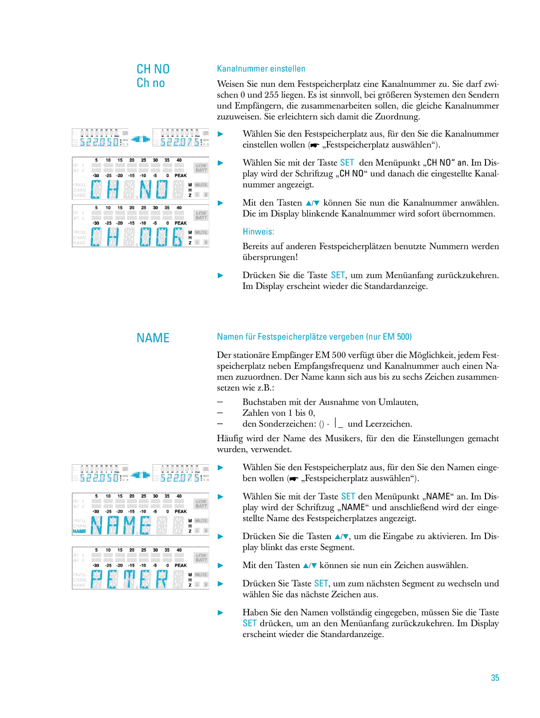 Sennheiser ew500 manual Kanalnummer einstellen, Namen für Festspeicherplätze vergeben nur EM 