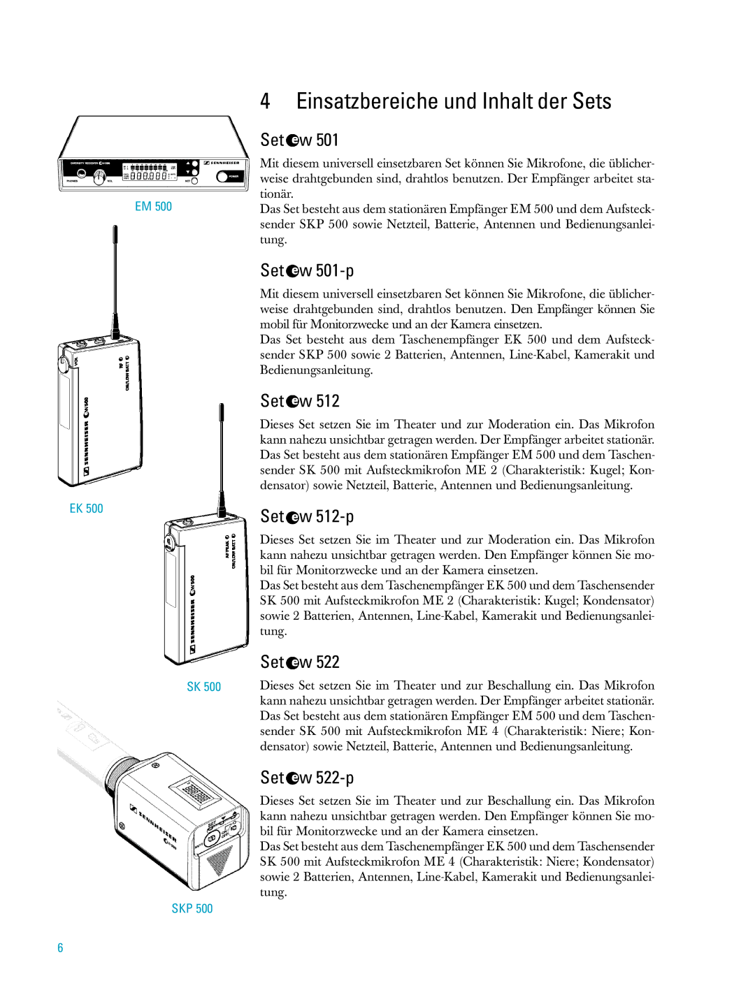 Sennheiser ew500 manual Einsatzbereiche und Inhalt der Sets, Set w 501-p, Set w 512-p, Set w 522-p 