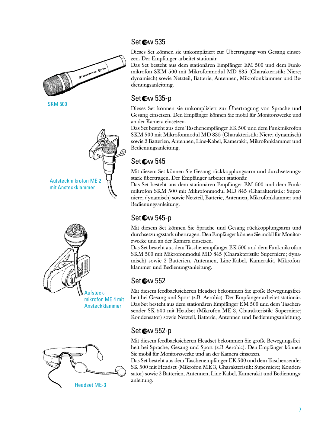 Sennheiser ew500 manual Set w 535-p, Set w 545-p, Set w 552-p, Skm, Headset ME-3 