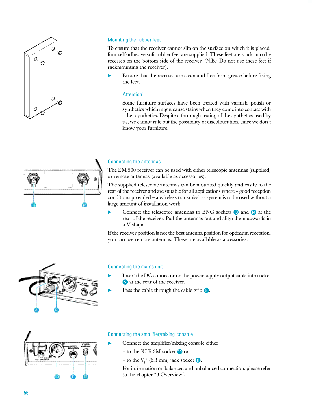 Sennheiser ew500 manual Mounting the rubber feet, Connecting the antennas, Connecting the mains unit 