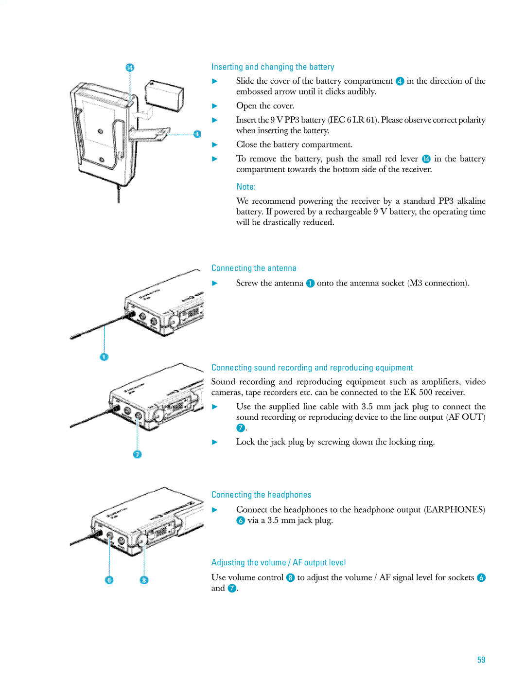 Sennheiser ew500 manual Inserting and changing the battery, Connecting the antenna, Adjusting the volume / AF output level 