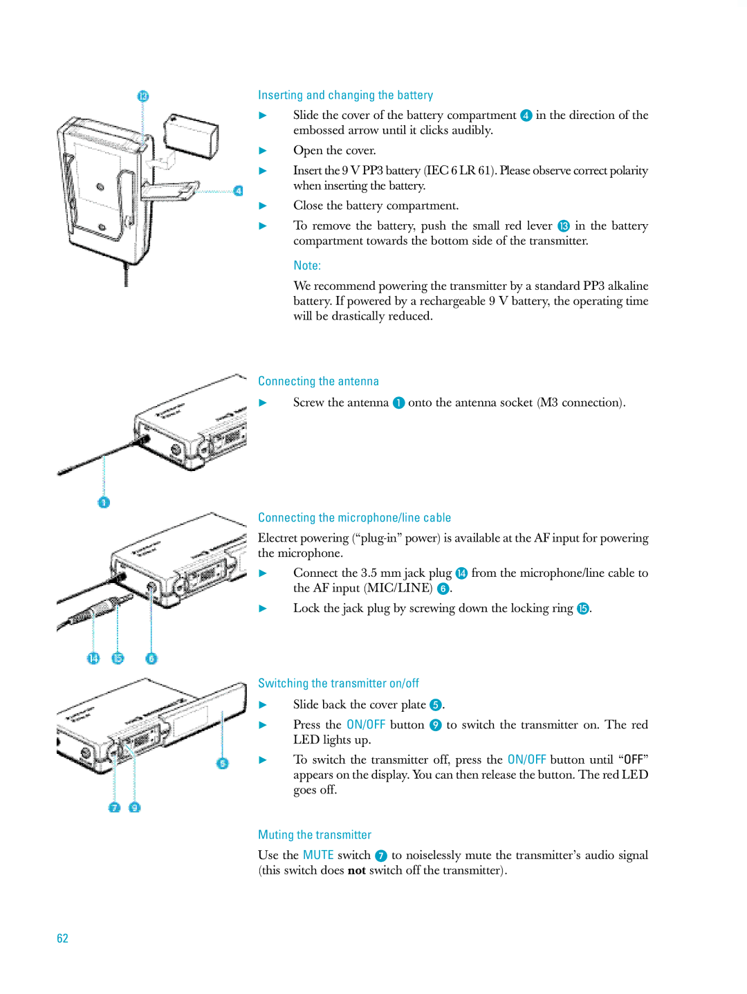 Sennheiser ew500 manual Connecting the microphone/line cable, Switching the transmitter on/off, Muting the transmitter 