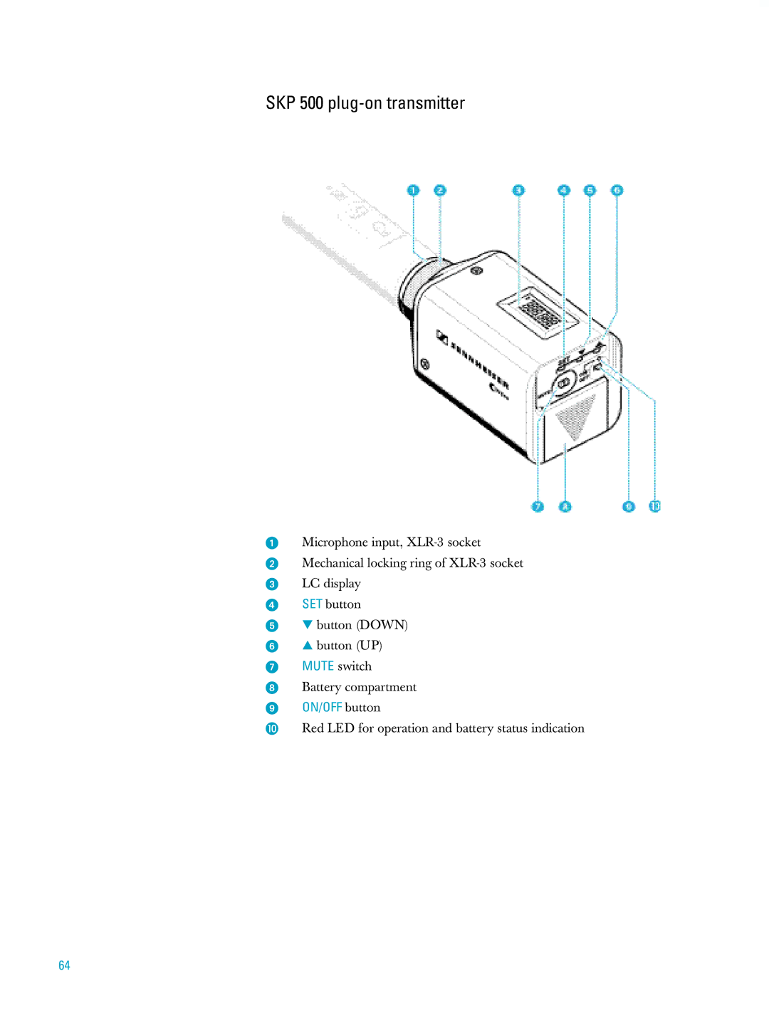 Sennheiser ew500 manual SKP 500 plug-on transmitter, ON/OFF button 